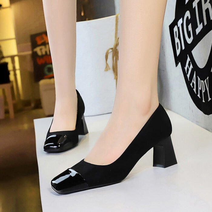 BIGTREE SHOES 5297 European and American Style Stylish Simple and Versatile Women's Shoes Mid Heel Chunky Heel Low-Cut Suede Stitching Square Toe Spring and Autumn Single-Layer Shoes Women - Image 3