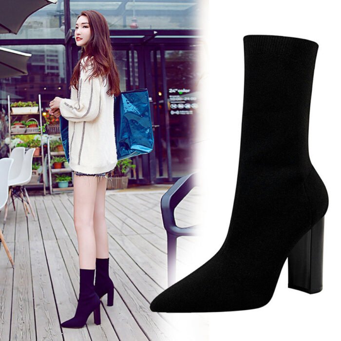 BIG TREE SHOES 3129-2 European and American Style Autumn and Winter Fashion New Simple Thick Heel High Heel Pointed Toe Sexy Nightclubs Thinner Wool Ankle Boots - Image 1