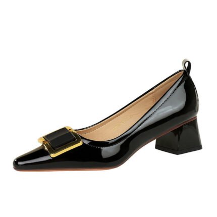 BIGTREE SHOES 1235-K57 European and American Commuters' Women's Shoes Mid Heel Chunky Heel Patent Leather Low-Cut Square Toe Metal Buckle Decoration Spring and Autumn Single-Layer Shoes