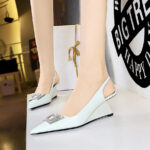 BIGTREE SHOES 1097-k60 European and American Women's Shoes Wedge High Heel Patent Leather Shallow Mouth Pointed Metal Rhinestone Buckle Hollow Back Strap Shoes - Image 3