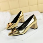 BIGTREE SHOES 5288-k91 European and American Style Business All-Matching Ol Commuter Women's Shoes Chunky Heel Mid Heel Square Toe Metal Buckle Bow Pumps - Image 3