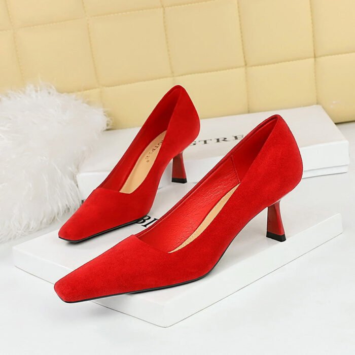 BIG TREE SHOES 6183-3 Korean Fashion Simple High Heels Suede Low-Cut Square Toe Pedicure Slimming All-Matching Women's Shoes Spring and Autumn Single-Layer Shoes - Image 1