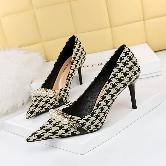9283-A1 European and American thin-heeled high-heeled shallow-pointed cloth plaid houndstooth metal chain pearl shoes - Image 1