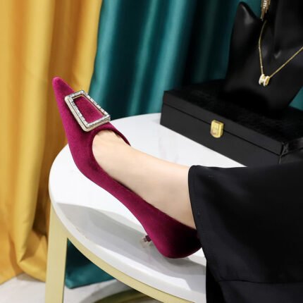 BIGTREE SHOES 237-K39 European and American Style Banquet Women's Shoes Stiletto Mid-Heel Thick Suede Shallow Mouth Pointed-Toe Metal Rhinestone Buckle Pumps