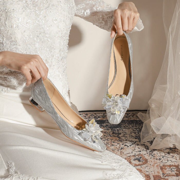228-52 Silver Thin and Glittering Crystal Bow Thick Heel Flat Wedding Shoes Square Toe Bridal Shoes - Image 2