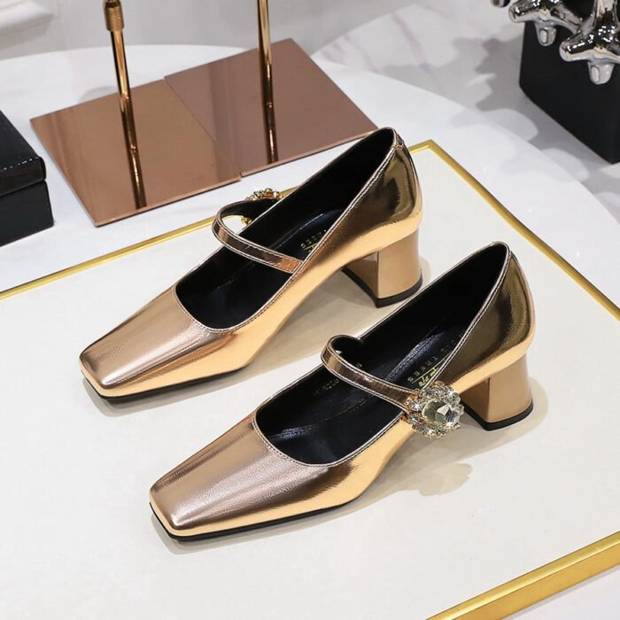 BIGTREE SHOES 5288-K86 Retro European American Style Banquet Women's Shoes Mid Heel Chunky Heel Low-Cut Square Head Rhinestone Buckle Ankle-Strap Shoes Female - Image 3