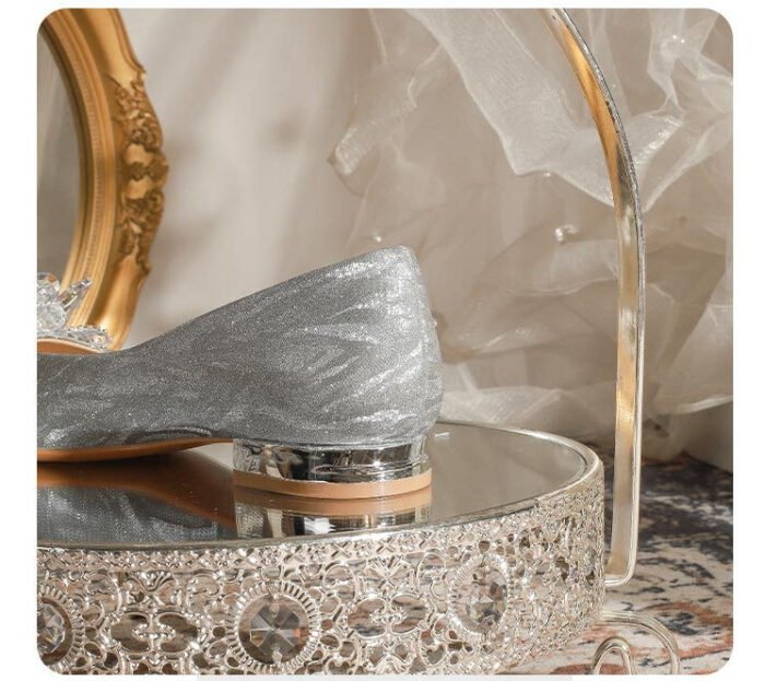 228-52 Silver Thin and Glittering Crystal Bow Thick Heel Flat Wedding Shoes Square Toe Bridal Shoes - Image 9