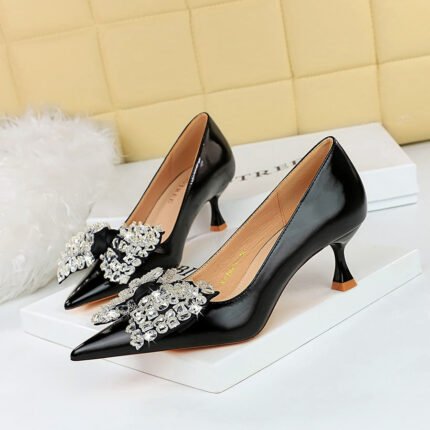 BIGTREE 1961-H9 Korean Style Fashionable Women's Shoes Wine Cup Heel High Heel Low-Cut Pointed Toe Rhinestone Bow Banquet Shoes