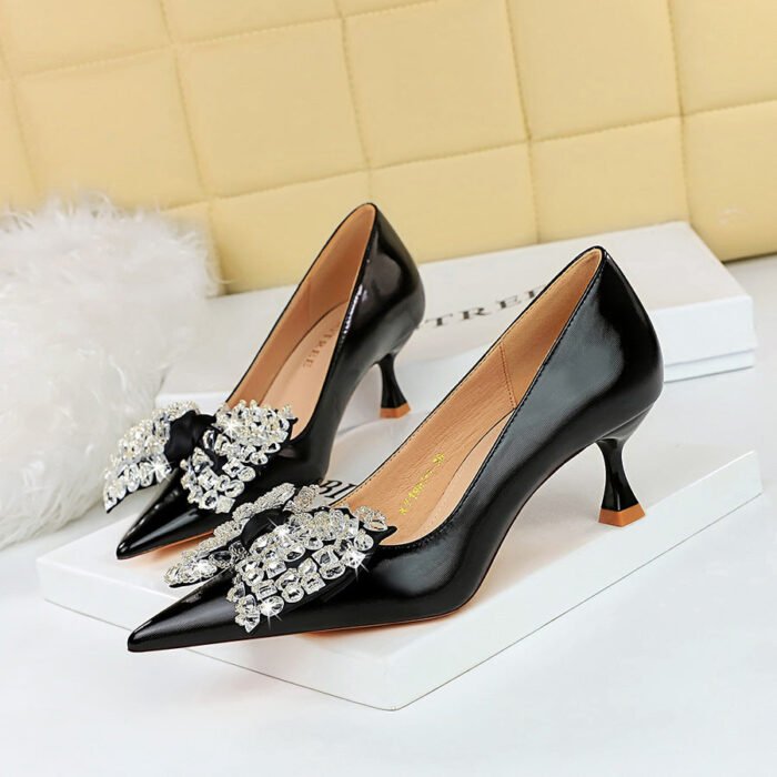 BIGTREE 1961-H9 Korean Style Fashionable Women's Shoes Wine Cup Heel High Heel Low-Cut Pointed Toe Rhinestone Bow Banquet Shoes - Image 1