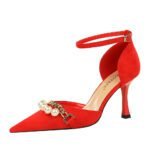 BIGTREE SHOES 8323-8 Korean Style Sping Sandal Women's Shoes Suede Shallow Mouth Pointed Pearl Metal Chain Strap Sandals Wedding Shoes - Image 5