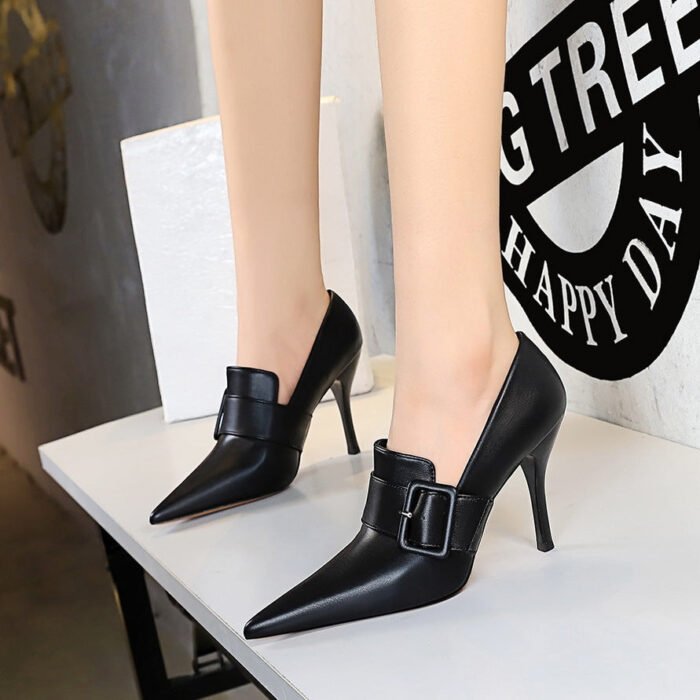 BIGTREE SHOES 958-2 European and American High Heels Women's Shoes Wine Glass Heel Super High Heel Pointed Belt Buckle Decoration Deep Mouth Pumps High-Cut Shoes - Image 4