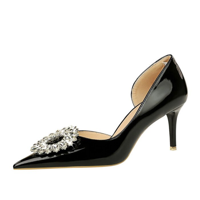 BIG TREE SHOES 638-Ak29 European and American Style Banquet Women's Shoes High Heel Stiletto Low Mouth Pointed Patent Leather Side Hollow out Rhinestone Buckle Pumps Women - Image 5