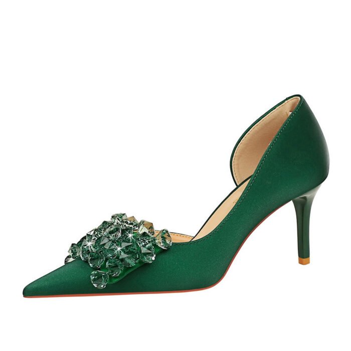BIGTREE SHOES 3226-Ah27 Banquet European and American Style Women's Shoes Stiletto Heel Shallow Mouth Pointed Toe Side Hollow Rhinestone Bow Pumps - Image 5