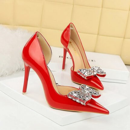 BIG TREE SHOES 638-H20 Korean Style Banquet High Heels Stiletto Low-Cut Pointed Side Hollow Patent Leather Rhinestone Bow Pumps Women