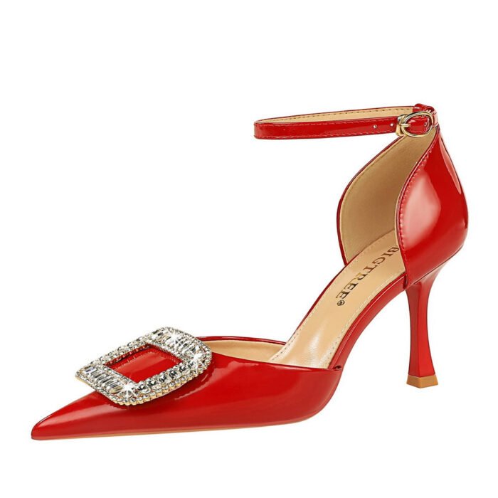 BIGTREE SHOES 8323-K32 European and American Style Sping Sandal Women's Shoes High Heel Patent Leather Shallow Mouth Pointed Toe Rhinestone Buckle Strap Hollow-out Sandals - Image 5