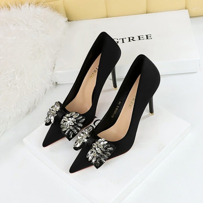Big Tree Shoes 18249-h3 European and American Style Banquet High Heels Women's Shoes Super High Heel Shallow Mouth Pointed Toe Satin Rhinestone Bow Pumps - Image 2
