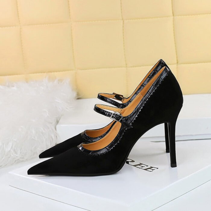 Bigtree Shoes 1198-6 Retro Europe and America Wind Black High Heels Stiletto Heel Suede Shallow Mouth Pointed Toe Strap Women's Shoes - Image 2