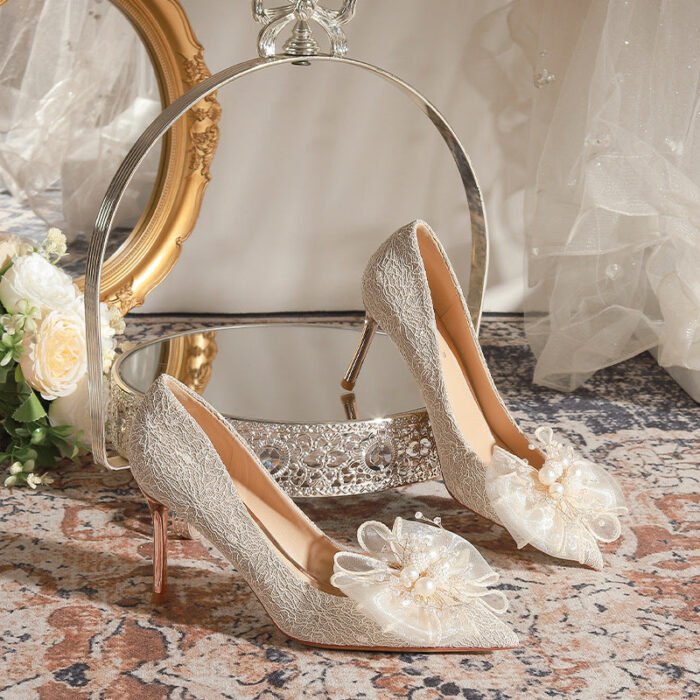 840-16 French Lace Pearl Wedding Shoes Bridal Shoes High Heels Princess Pointed Toe Temperament Fairy Stiletto Heel Pumps Women - Image 3