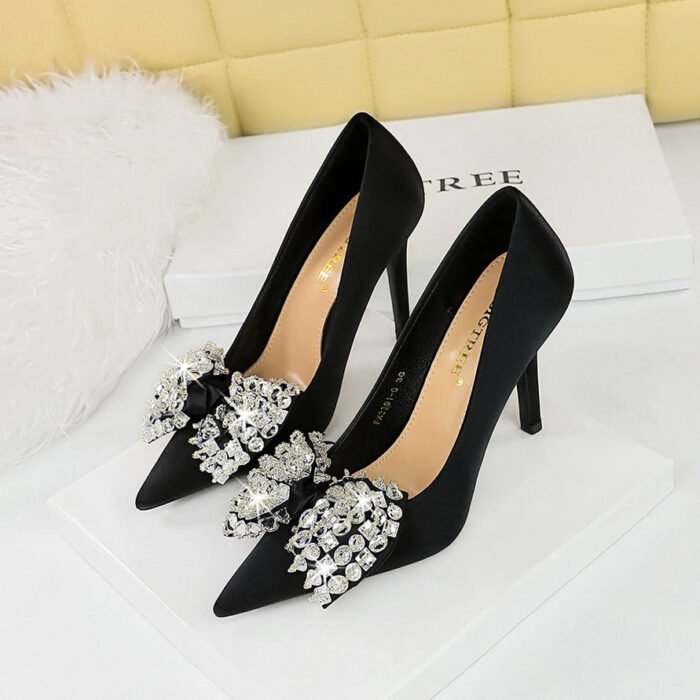 BIG TREE SHOES 3391-2h9 European and American Style Fashion Banquet High Heels Stiletto Heel Satin Shallow Mouth Pointed Toe Rhinestone Bow Pumps Women - Image 3