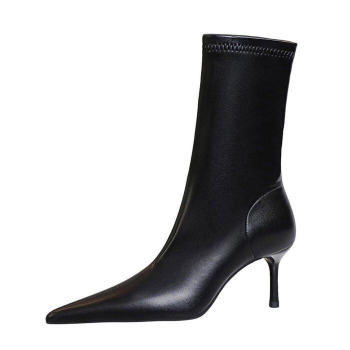 big tree shoes 328-12 Retro European American Style Winter Fashion Simple Mid Heel Stiletto Heel Pointed Toe Pedicure Slimming Banquet Women's Boots Short Boots - Image 5