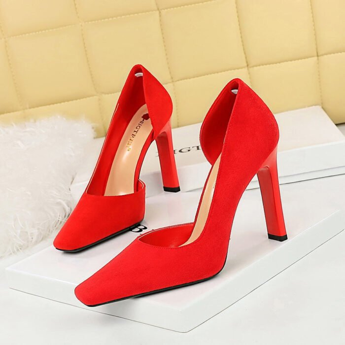 BIG TREE SHOES 3275-2 European and American Fashion Minimalist Thick Heel Super High Heel Low-Cut Square Toe Suede Side Hollow Pumps Women's Shoes High Heels - Image 1