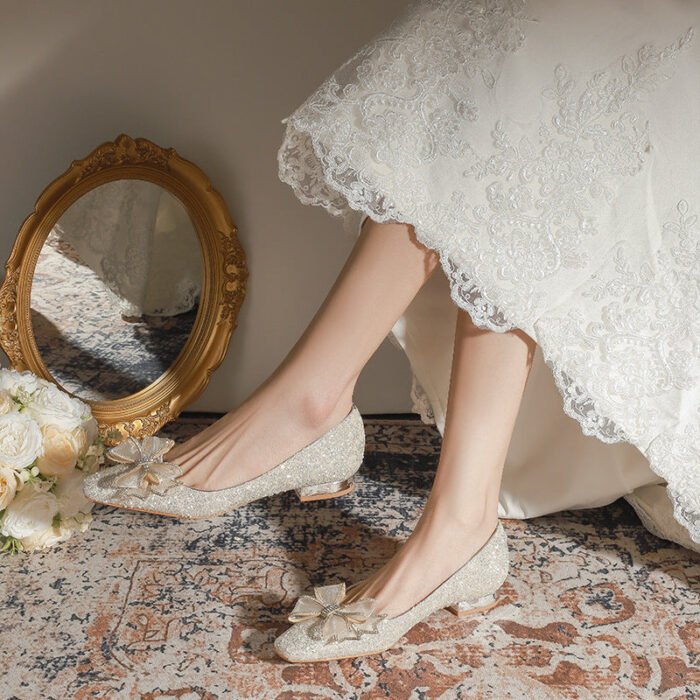 A29-51 Square Head Pearl Flat Chunky Heel Low Heel Niche Advanced Bridesmaid Shoes Women's Wedding Dress Xiuhe Two-Way Wear - Image 2