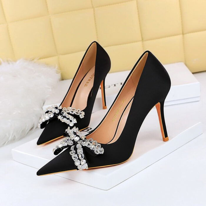 BIGTREE SHOES 1983-H10 European and American Sexy Banquet High Heels Stiletto Heel Shallow Mouth Pointed Toe Satin Rhinestone Bow Pumps - Image 2