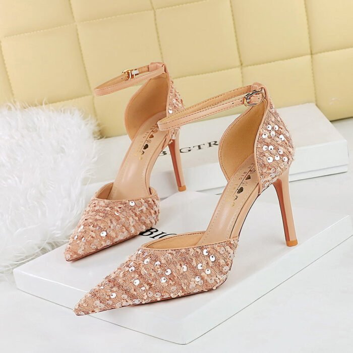 BIGTREE SHOES 8386-2 Korean Fashion Sequins Women's Shoes Stiletto Heel Low-Cut Pointed-Toe Hollowed Hollow Strap Sandals for Women - Image 1
