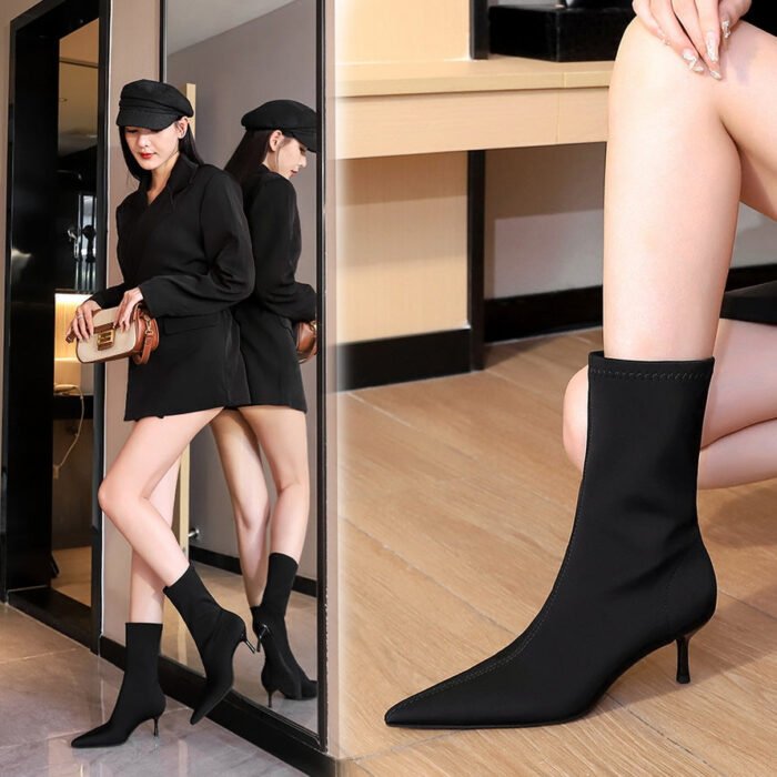 BIG TREE SHOES 328-1 European and American Style Fashionable Simple Stiletto Heel Shallow Mouth Pointed Elastic Lycra Slimming Pedicure Women's Boots Short Boots - Image 3