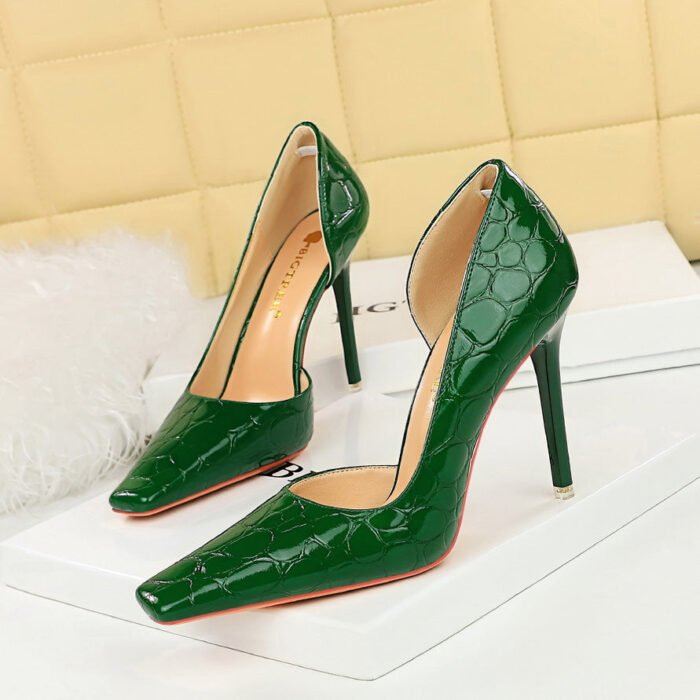 BIG TREE SHOES 3287-3 European and American Style Square Toe High Heel Stone Pattern Shallow Mouth Side Hollow Pumps High Heels Women's Shoes - Image 1