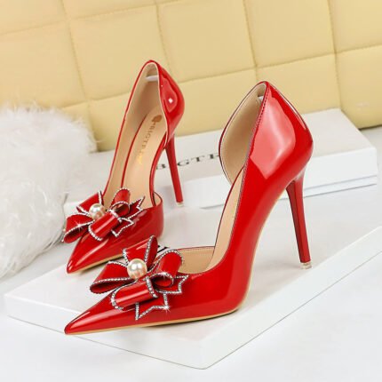 BIGTREE 638-H13 European and American Style Banquet Super High Heel Stiletto Low Mouth Pointed Side Hollow Pearl Rhinestone Bow Pumps
