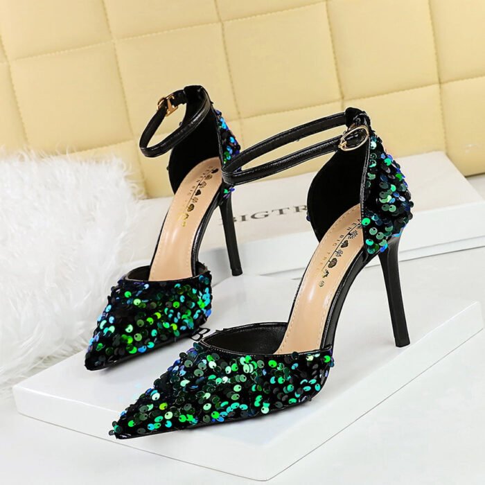 Bigtree shoes 9868-1 high heels hollow strap hollow-out women's shoes stiletto heel shallow mouth pointed toe sparkle sequins sandals - Image 3