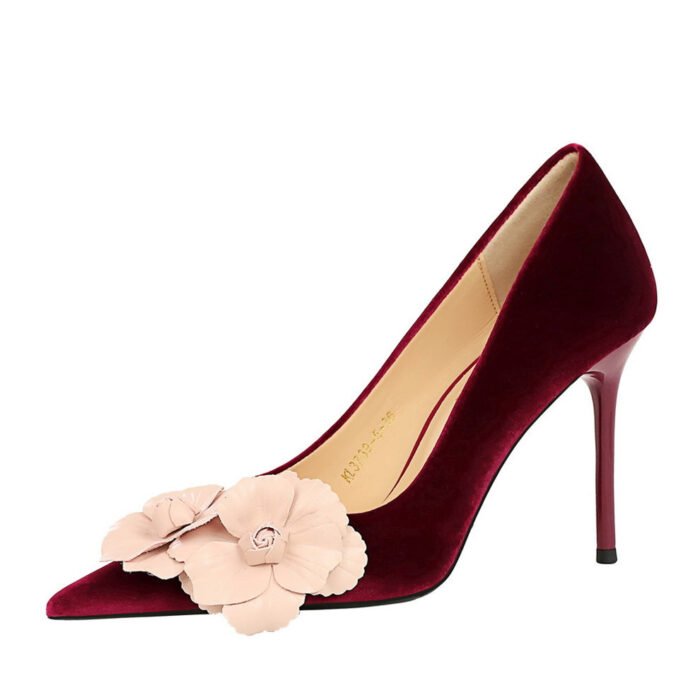 BIGTREE SHOES 3739-H57 European and American Style Banquet High Heels Stiletto Heel Xishi Suede Shallow Mouth Pointed-Toe Colorblock Flower Shoes Women's Shoes - Image 5