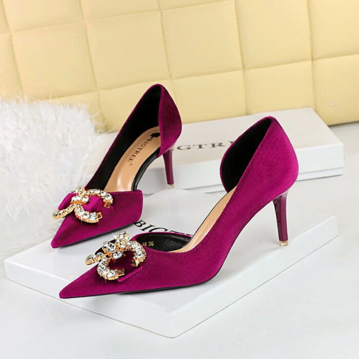 BIGTREE SHOES 1363-Ak77 Banquet High Heels Women's Shoes Suede Shallow Mouth Pointed Toe Side Hollow Rhinestone Pearl Bow Pumps - Image 2
