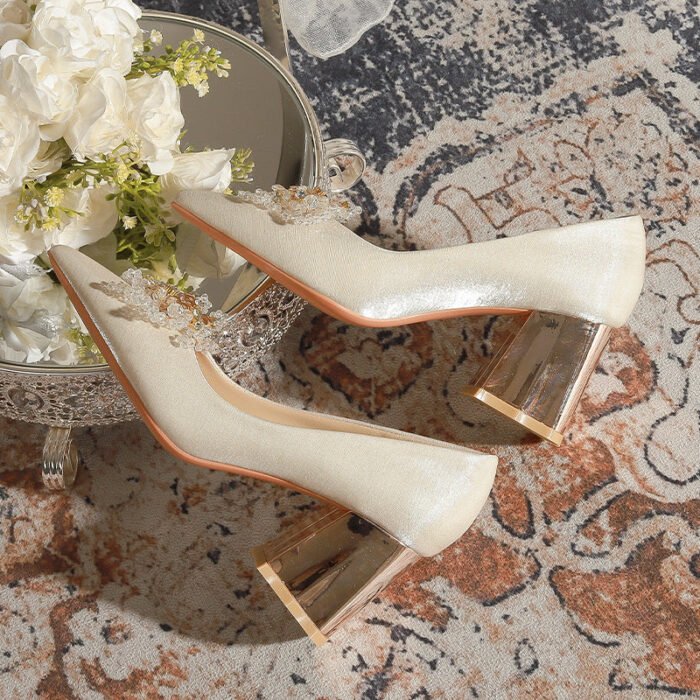 7118-10 High Heels Women's Pointed Toe Chunky Heel Wedding Shoes High-Grade Xiuhe Wedding Dress Engagement Annual Meeting Shoes - Image 3