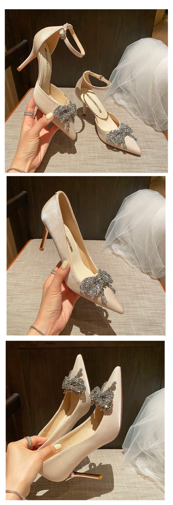 858-11 Pointed High Heels Women's New Buckle Rhinestone Bow Casual High-End Shoes - Image 11