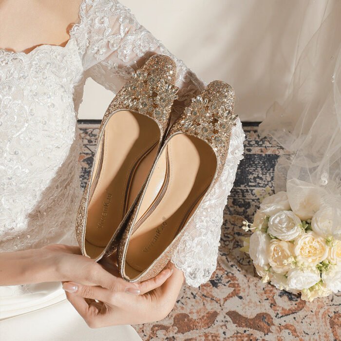A29-6 French Square Head Gold Flat 2cm Low Heel High-Grade Rhinestone Bridesmaid Shoes Women - Image 1