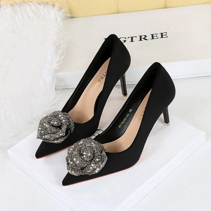 BIGTREE SHOES 18249-ah52 European and American Style Light Luxury Banquet Women's Shoes Stiletto Heel Satin Shallow Mouth Pointed Toe Rhinestone Flower Shoes - Image 2