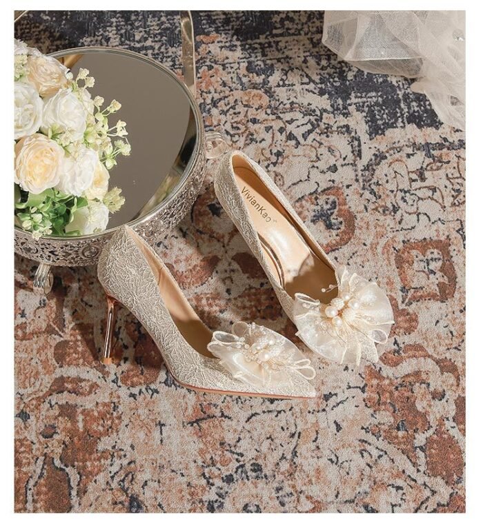 840-16 French Lace Pearl Wedding Shoes Bridal Shoes High Heels Princess Pointed Toe Temperament Fairy Stiletto Heel Pumps Women - Image 16