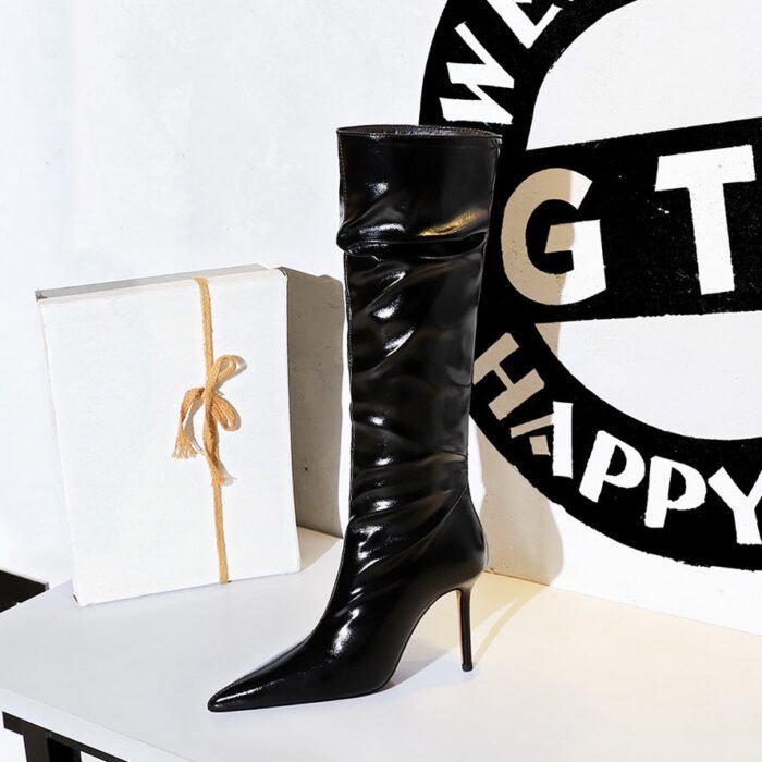 big tree shoes 315-A18 Retro European American Style High Heel Stiletto Pointed Patent Leather Wrinkled Surface Women's High Boots Winter Slimming High Leg Boot - Image 1