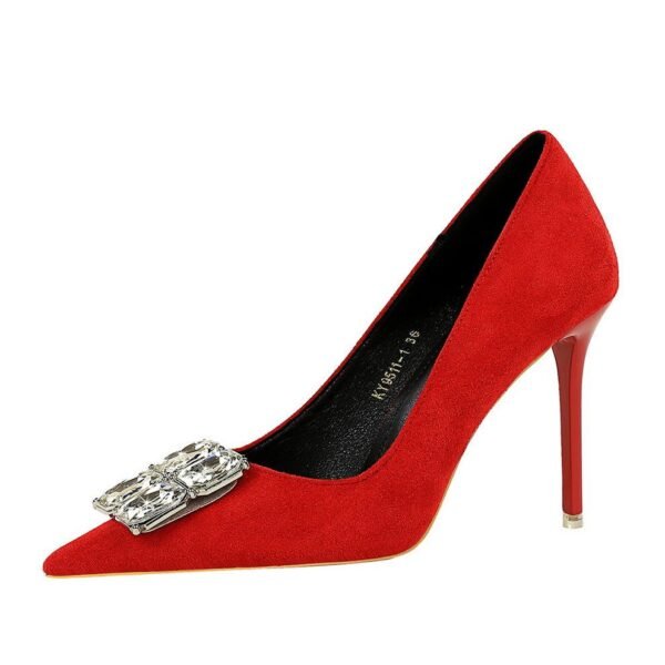 78cc8d3c4cf6f86e7e2b7320f4549205 BIGTREE SHOES 9511-K58 Banquet Women's Shoes High Heels Stiletto Suede Shallow Mouth Pointed Square Rhinestone Buckle Super High Heel Shoes Women
