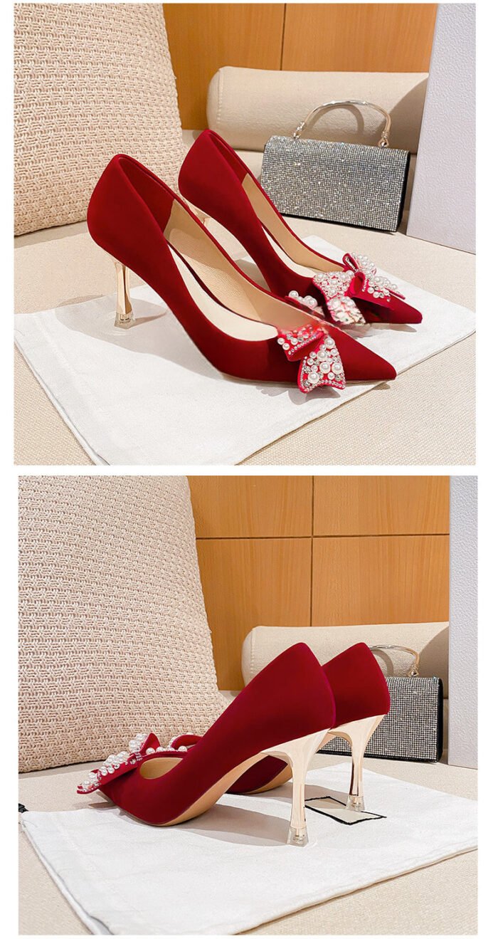 Runnig heels C888-17 Red Wedding Shoes Pointed Toe Bridal Shoes Versatile Wedding Dress Women's Butterfly High Heels - Image 8