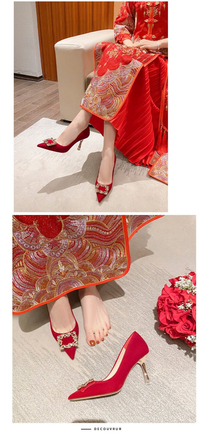 Runnig heels C888-31 Red Wedding Shoes Bridal Shoes High-Grade Pointed Wedding Shoes - Image 11