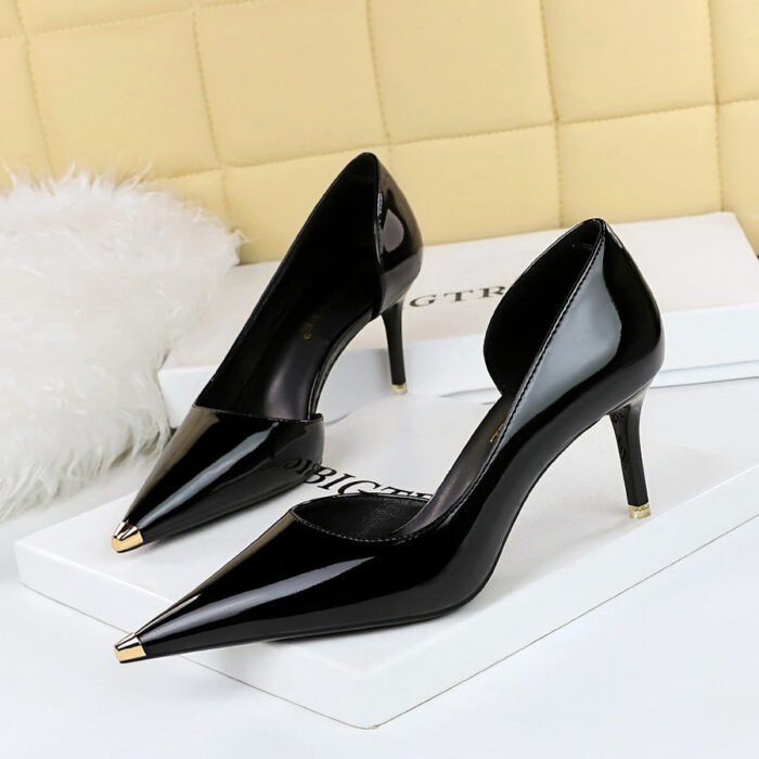 BIGTREE 8829-A5 European and American Style Banquet High Heel Stiletto Low Mouth Metal Pointed Tilta Shiny Patent Leather Side Hollow Pumps - Image 3