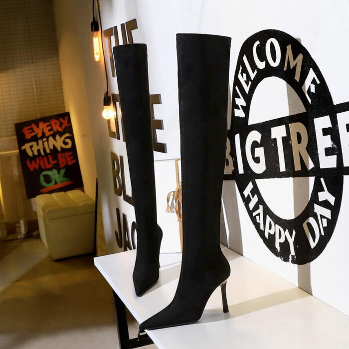 BIGTREE SHOES 365-6 European and American Style Winter Fashion Simple Boots Super High Heel Suede Pointed Toe Pedicure Skim-Fit over-the-Knee Boots - Image 4
