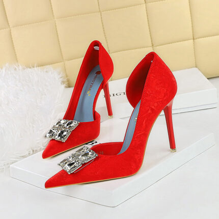 BIGTREE SHOES 6168-K58 European and American Style High Heels Women's Shoes Stiletto Heel Shallow Mouth Pointed Toe Side Hollow Square Rhinestone Shoes