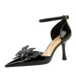 BIGTREE SHOES 8323-h22 European and American Style Fashion Banquet Hollow High Heels Patent Leather Low-Cut Pointed Toe Rhinestone Bow Women's Shoes - Image 5