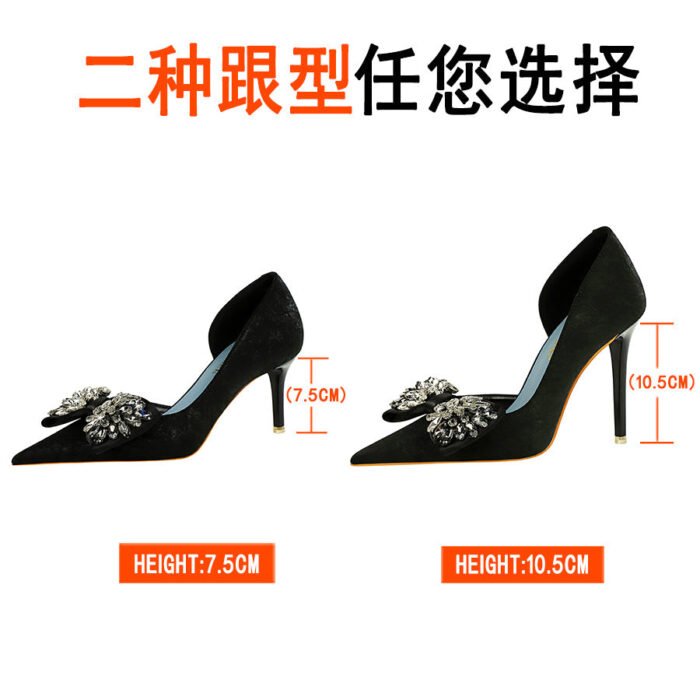 BIG TREE Shoes 6168-AH3 European and American Banquet Nightclubs Thinner Side Hollowed Women's Shoes Shallow Mouth Pointed Toe Rhinestone Bow High Heel Pumps - Image 4