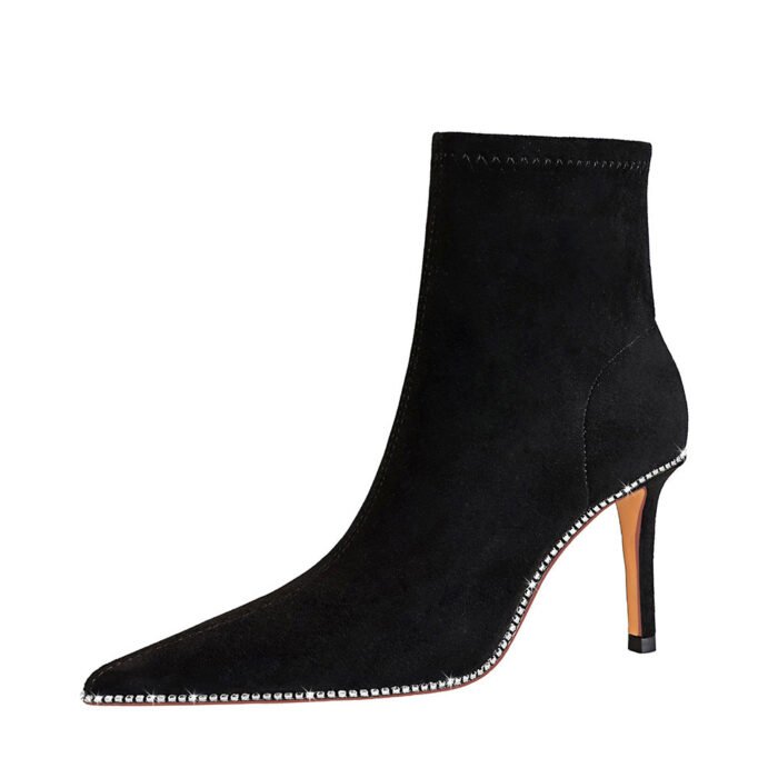 BIG TREE SHOES 1838-2 European and American Style Sexy Nightclubs Thinner Stiletto Heel Suede Rhinestones Surrounding Border Pointed Toe Banquet Women's Boots Short Boots - Image 5