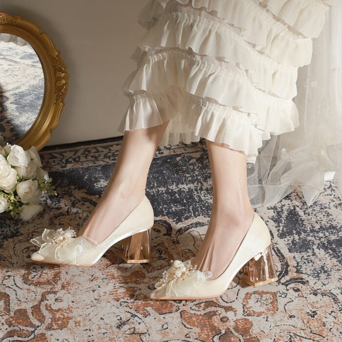 7118-16 Apricot High Heels Women's Pointed Toe Chunky Heel Wedding Shoes Niche High Sense Xiuhe Wedding Dress Engagement - Image 4